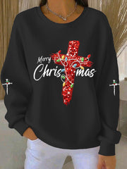Women's Merry Christmas Cross Ribbed Round-Neck Sweatshirt