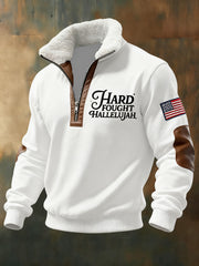 Men's Retro Christian Hard Fought Hallelujah  Print Zipper Fur Collar Sweatshirt