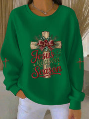 Women's Jesus Is The Reason For The Season Cross Ribbed Round-Neck Sweatshirt