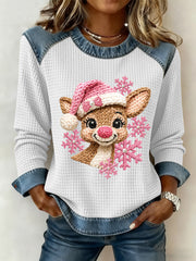 Women's Pink Christmas Reindeer  Art Printed Denim Patchwork Waffle Top