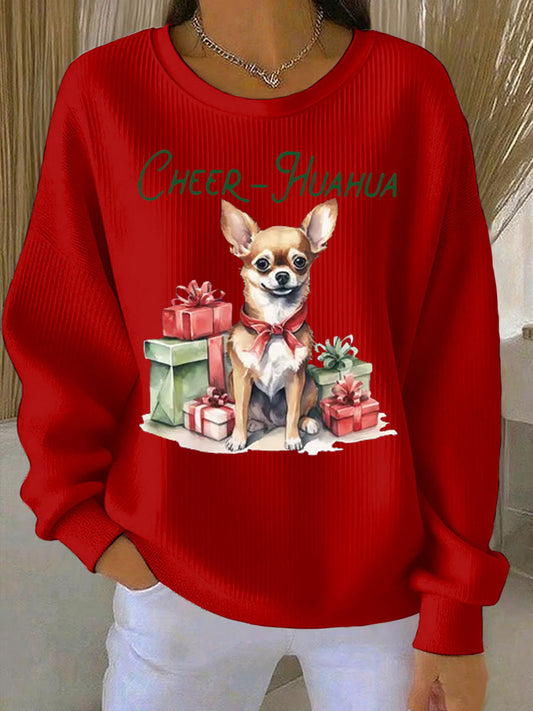 Women's Cheer Huahua Christmas Chihuahua Ribbed Round-Neck Sweatshirt
