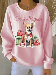Women's Cheer Huahua Christmas Chihuahua Ribbed Round-Neck Sweatshirt
