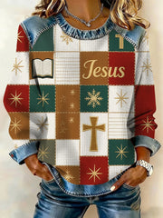 Women's Juesu Christmas Cross Print  Printed Denim Patchwork Waffle Top