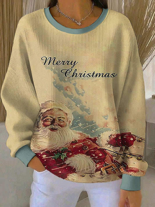 Women's Merry Christmas print Ribbed Round-Neck Sweatshirt