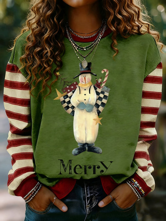 Women's Merry Christmas Print Striped Long Sleeve Sweatshirt