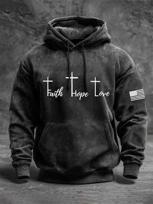 Men's Vintage Faith Love Hope Jesus Print Casual Hooded Sweatshirt