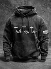 Men's Vintage Faith Love Hope Jesus Print Casual Hooded Sweatshirt