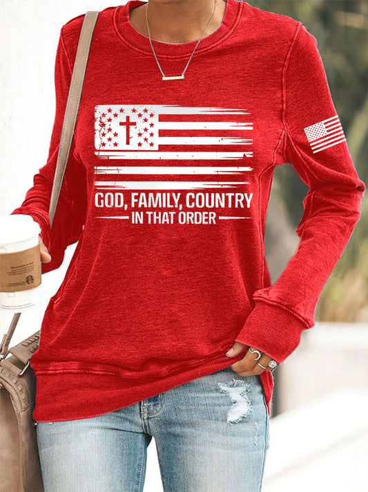 Women's God Family Country In That Order USA Flag Print Sweatshirt
