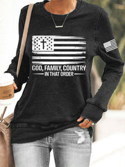 Women's God Family Country In That Order USA Flag Print Sweatshirt
