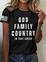 Women's God Family Country In That Order USA Flag Print Tee