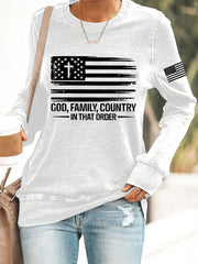 Women's God Family Country In That Order USA Flag Print Sweatshirt