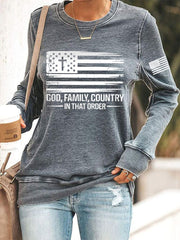 Women's God Family Country In That Order USA Flag Print Sweatshirt