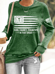 Women's God Family Country In That Order USA Flag Print Sweatshirt