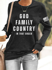 Women's God Family Country In That Order USA Flag Print Sweatshirt