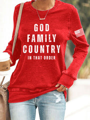 Women's God Family Country In That Order USA Flag Print Sweatshirt