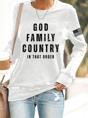 Women's God Family Country In That Order USA Flag Print Sweatshirt