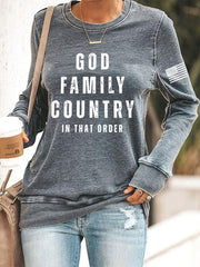 Women's God Family Country In That Order USA Flag Print Sweatshirt