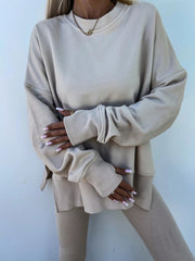 Women's Comfy Loose Slit Sweatshirt and Elastic Waist Tight Pants Set