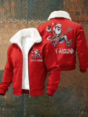 Men's Christmas Rock Santa Claus Print Fur Collar Zip-Up Jacket