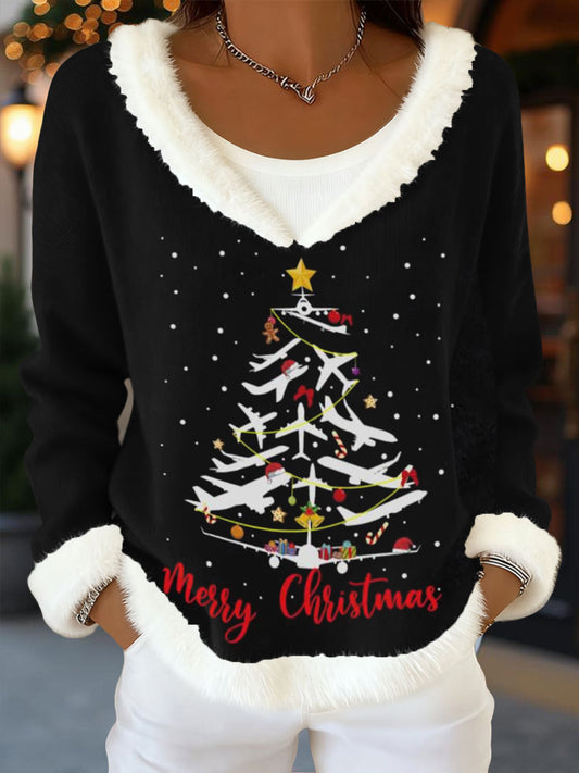 Women's Christmas Tree Airplanes Plush Tops