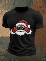 Men's Christmas Black Santa Claus Print Casual Tee
