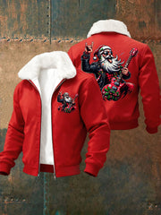 Men's Christmas Rock Santa Claus Print Fur Collar Zip-Up Jacket