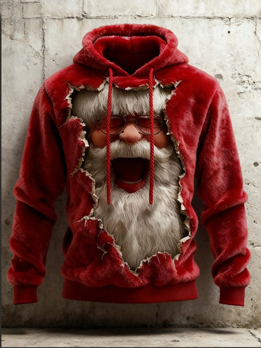 Men's Santa Claus Print Casual Flannel Hoodie Sweatshirt