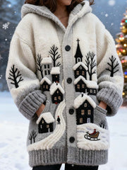 Women's Christmas House Scenery Embroidered Cozy Knit Hooded Cardigan