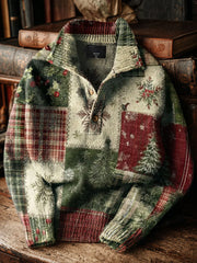 Men's Vintage Christmas Patchwork Art Print Button Stand Collar Hoodie