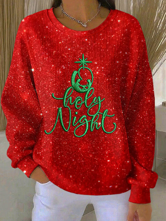 Women's Christmas Oh Holy Night Ribbed Round-Neck Sweatshirt