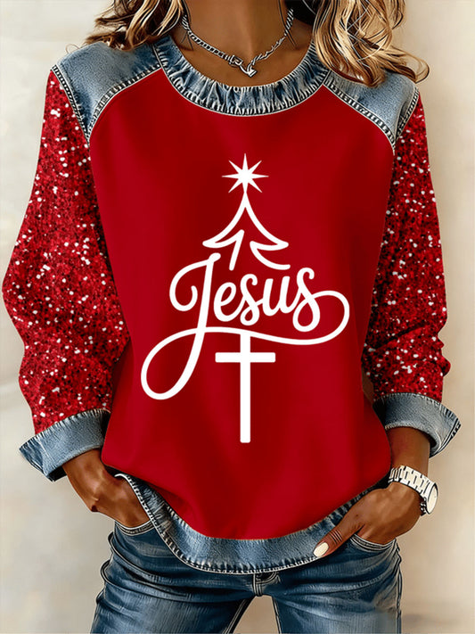 Women's Jesus Cross Christmas Tree Denim Patchwork Top