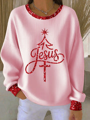 Women's Jesus Christmas Tree Ribbed Round-Neck Sweatshirt