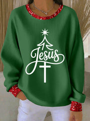 Women's Jesus Christmas Tree Ribbed Round-Neck Sweatshirt
