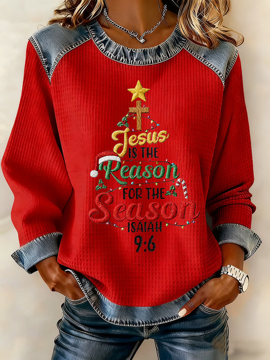 Women's Jesus Is The Reason For The Season Cross Denim Patchwork Top