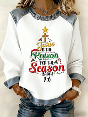 Women's Jesus Is The Reason For The Season Cross Denim Patchwork Top