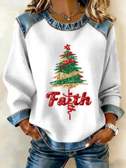 Women's Faith Christmas Tree Cross Denim Patchwork Top