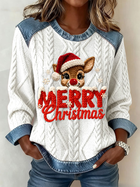 Women's Merry Christmas Denim Patchwork Top