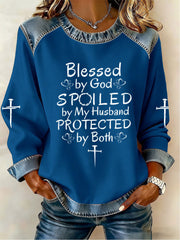 Women's Blessed By God Spoiled By My Husband Denim Patchwork Top