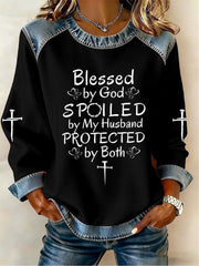 Women's Blessed By God Spoiled By My Husband Denim Patchwork Top