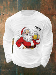 Men's Cheers! Funny Christmas Santa Claus Print Casual Waffle Long Sleeve Top
