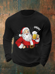Men's Cheers! Funny Christmas Santa Claus Print Casual Waffle Long Sleeve Top