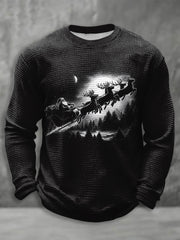 Men's Retro Christmas Vintage Reindeer Scene Waffle Long Sleeve T-Shirt
