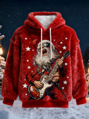 Men's Christmas Rock Santa Claus Print Casual Flannel Hoodie