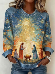 Women's Christian Nativity Scene Denim Patchwork Top