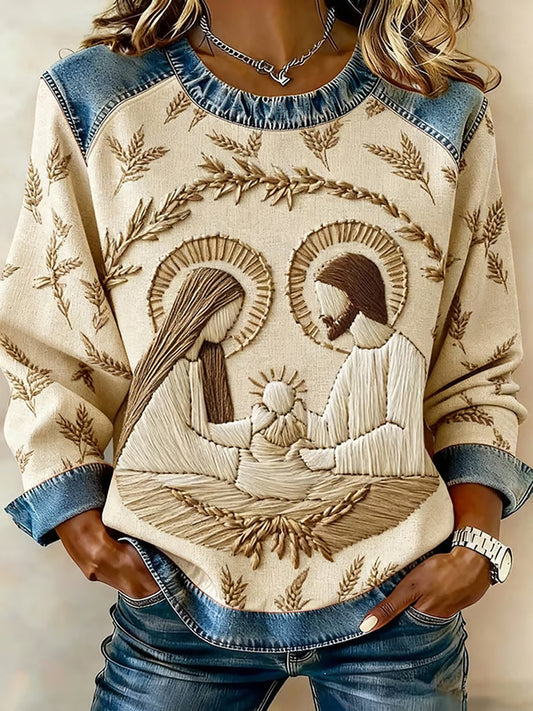 Women's Christian Nativity Scene Denim Patchwork Top