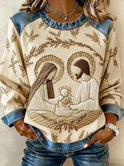 Women's Christian Nativity Scene Denim Patchwork Top