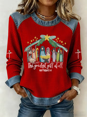 Women's Christian Nativity Scene Greatest Gift of All Waffle Denim Patchwork Top