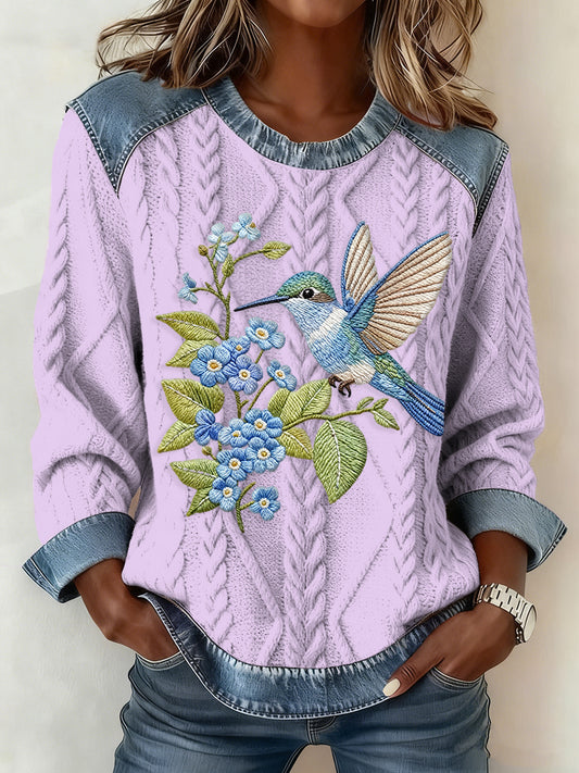 Women's Hummingbird Denim Patchwork Top