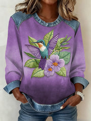 Women's Hummingbird Denim Patchwork Top