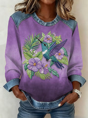 Women's Hummingbird Denim Patchwork Top